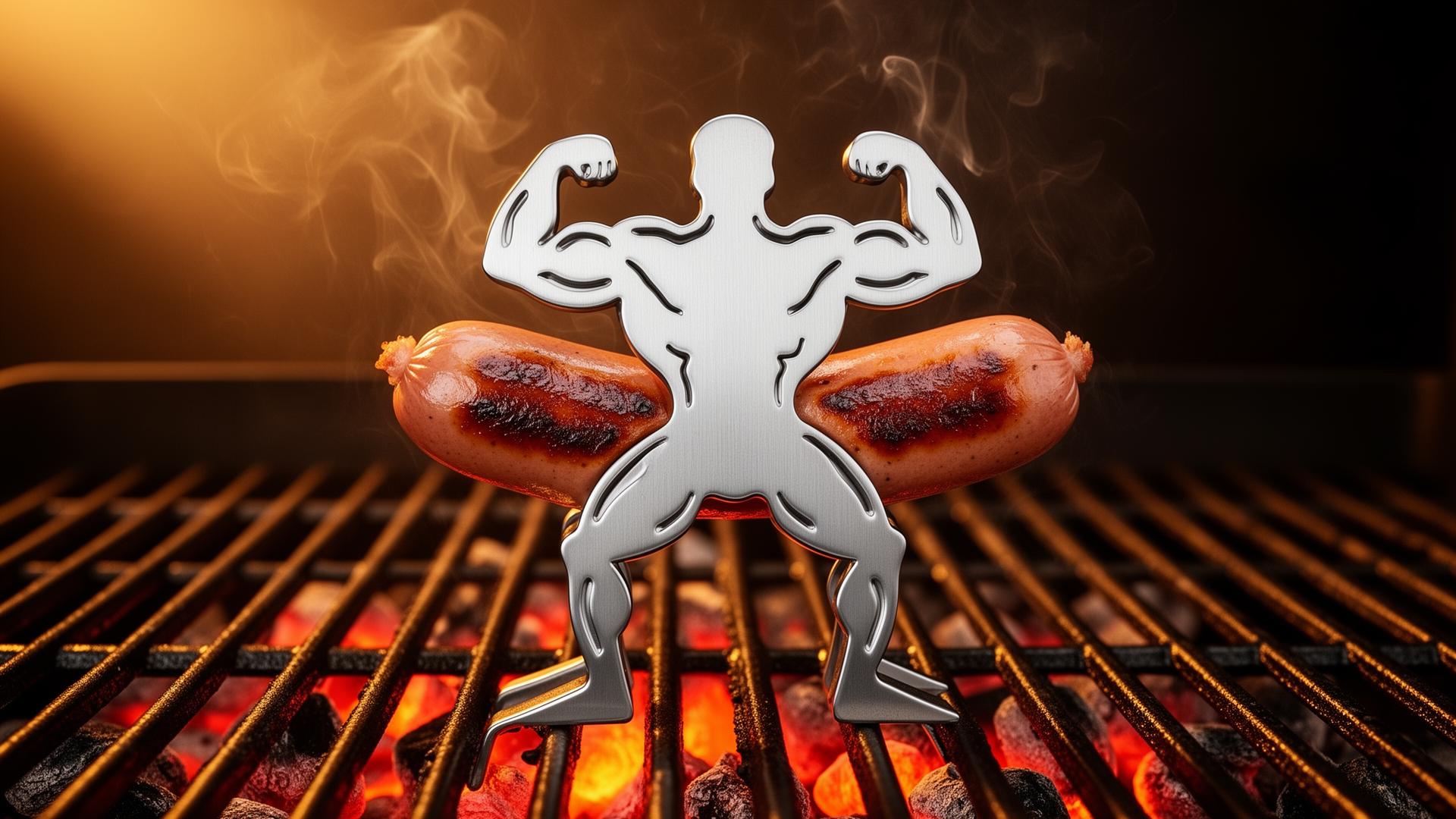 Stalowy uchwyt kulturysta na rozgrzanym grillu